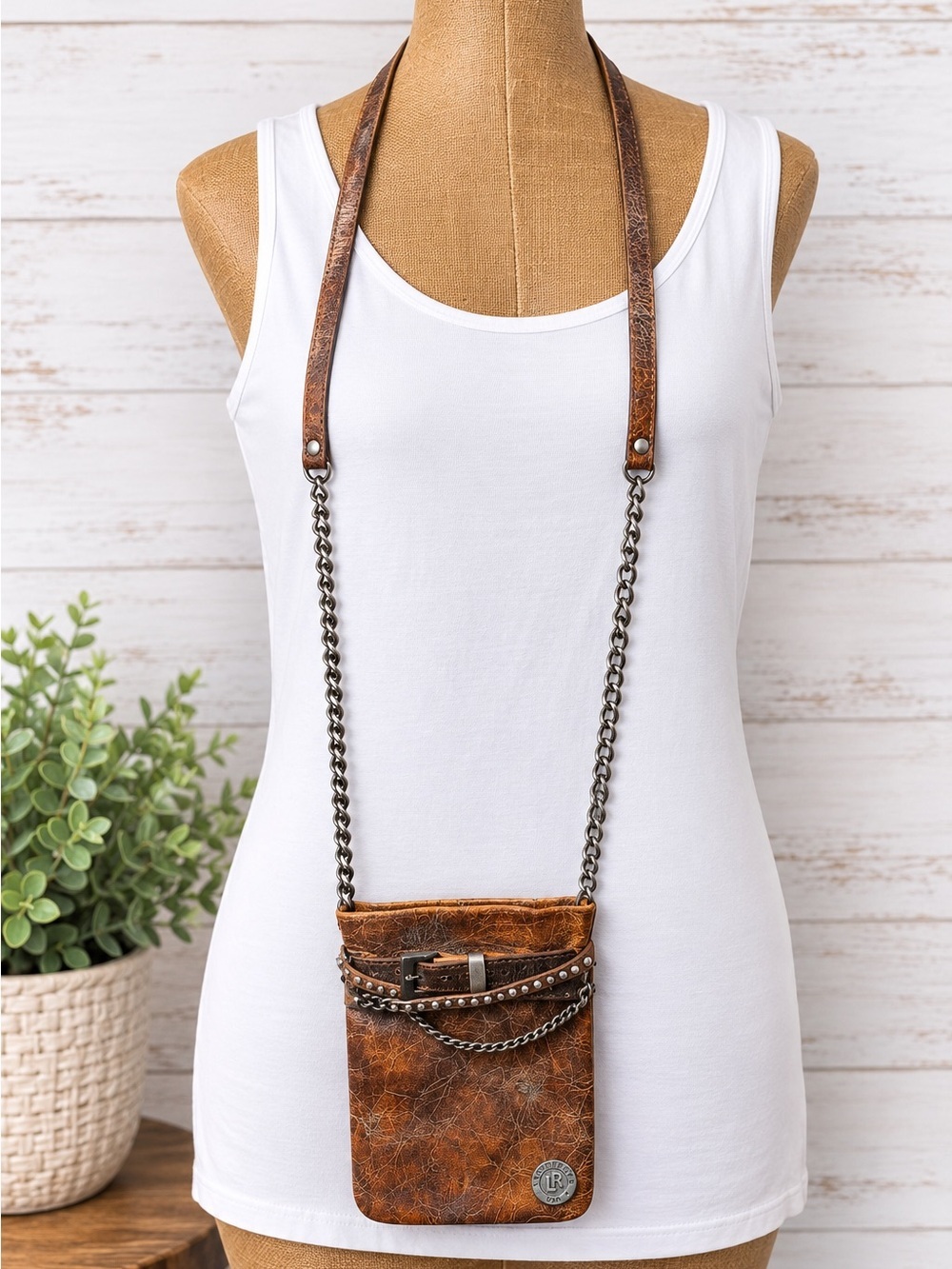 Leatherock USA Distressed Leather Mini Crossbody Phone Bag Studded Chain Strap